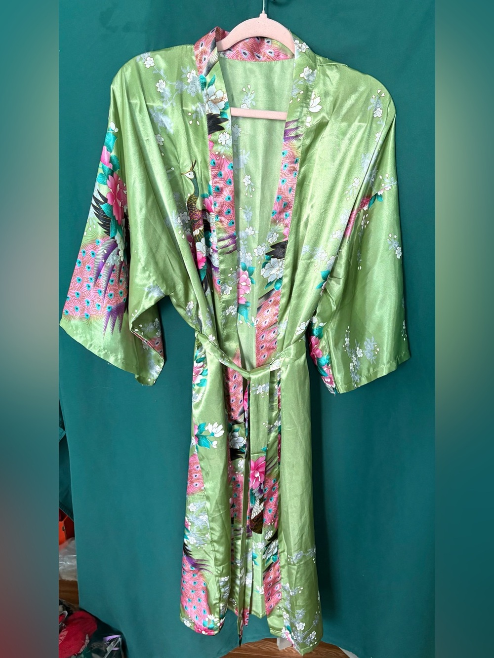 Silky Green Peacock-Print Satin Robe - Women's Intimates & Sleepwear